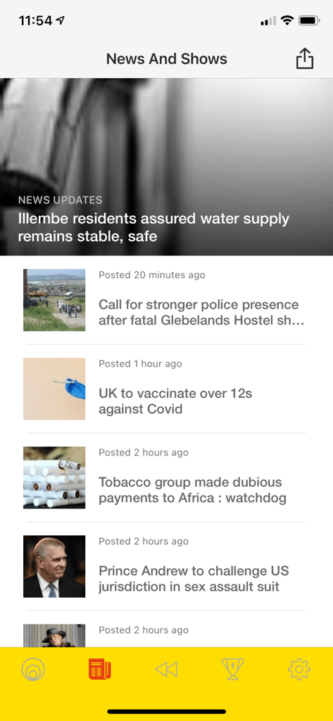 East Coast Radio - News and shows interface of the East Coast Radio mobile app showing various news headlines