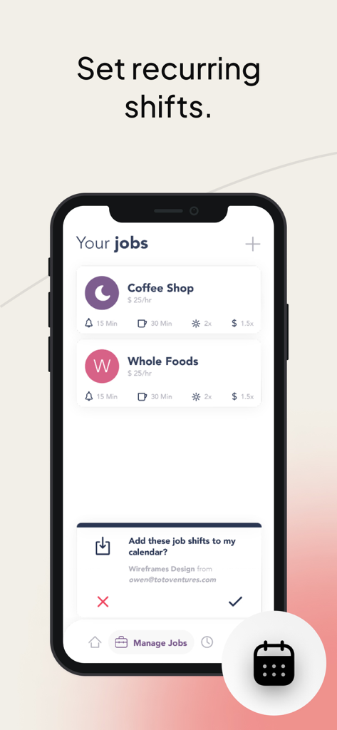 WorkTime: Shift Work Calendar - Tela de smartphone do aplicativo WorkTime mostrando uma lista de trabalhos por hora e configurações de turno