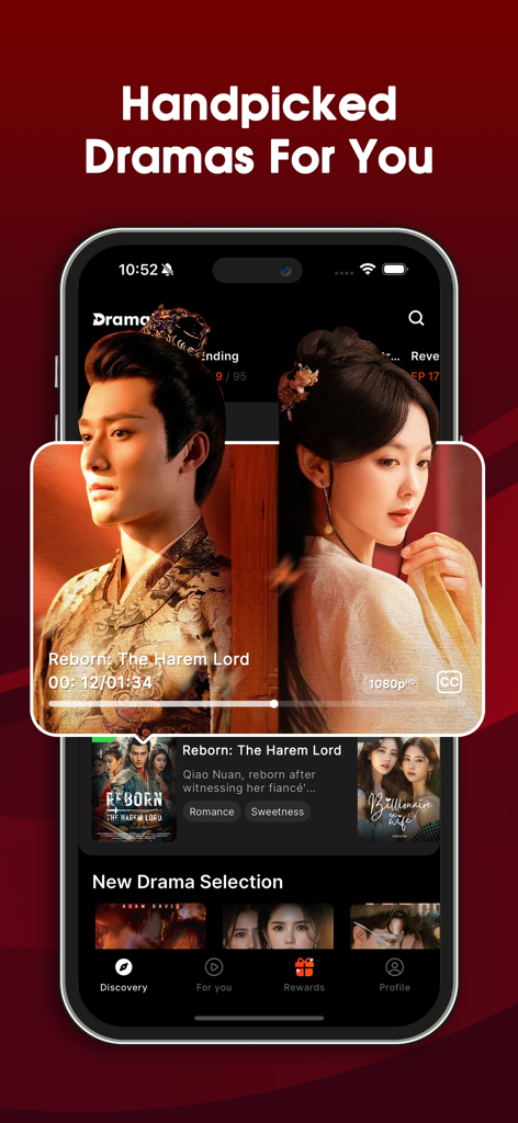 DramaHub: Daily Drama Shorts - Interface de l'application DramaHub présentant une sélection de courtes séries dramatiques, y compris Reborn The Harem Lord.