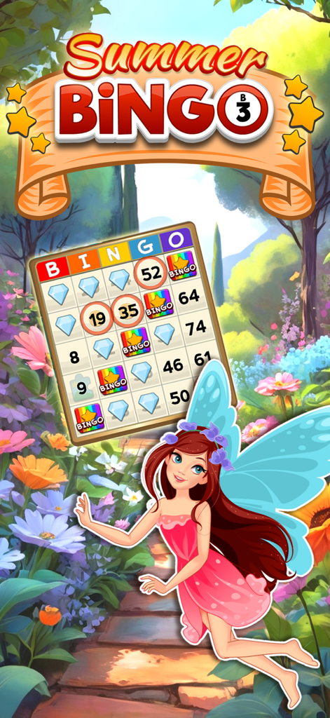 Bingo game Quest Summer Garden - A colorful bingo card and a whimsical fairy in a blooming summer garden.
