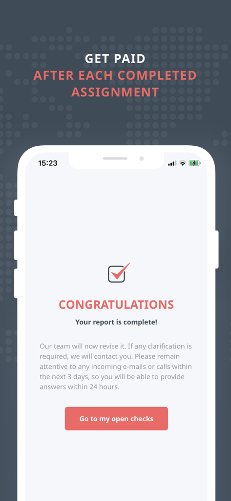ISC-CX mobile - Ein mobiler Bildschirm, der eine abgeschlossene Mystery-Shopping-Aufgabe in der ISC-CX Mobile App anzeigt, mit dem Text Bezahlt werden nach jeder abgeschlossenen Aufgabe