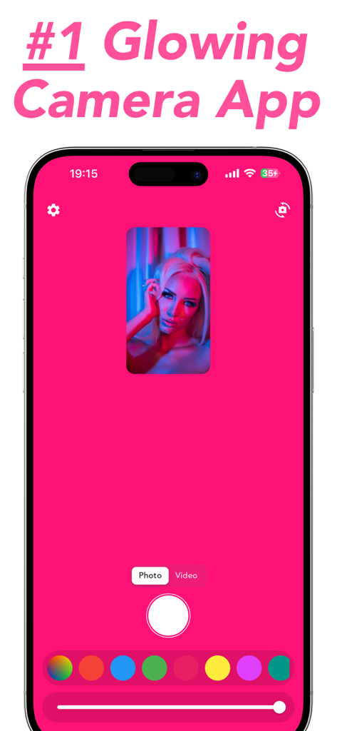 GlowCam - Glow Cam & Light Cam - Interface do aplicativo móvel GlowCam mostrando flash virtual e filtros de cores ao vivo