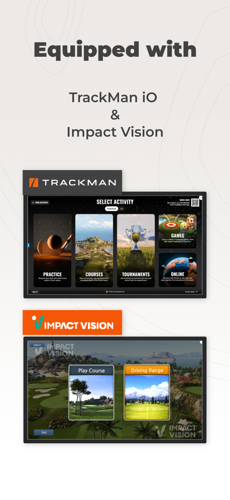 Tracer Golf - Écrans d'interface pour les simulateurs de golf TrackMan iO et Impact Vision.