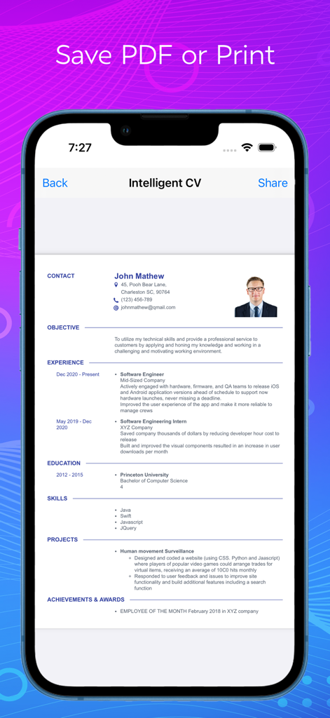 Resume : Intelligent CV Maker - インテリジェントCVアプリで、プロフェッショナルなソフトウェアエンジニアの履歴書プレビューと、PDFとして保存または印刷するオプションを表示するiPhone画面。
