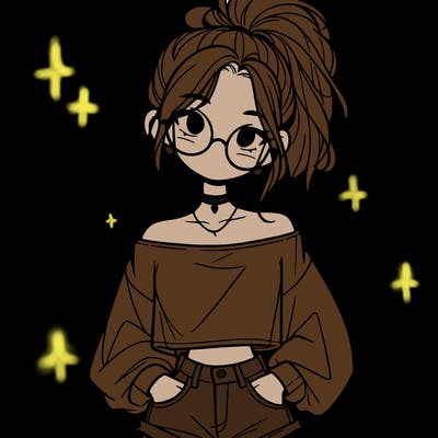 girl with a messy ponytail glasses a baggy crop top and jean shorts