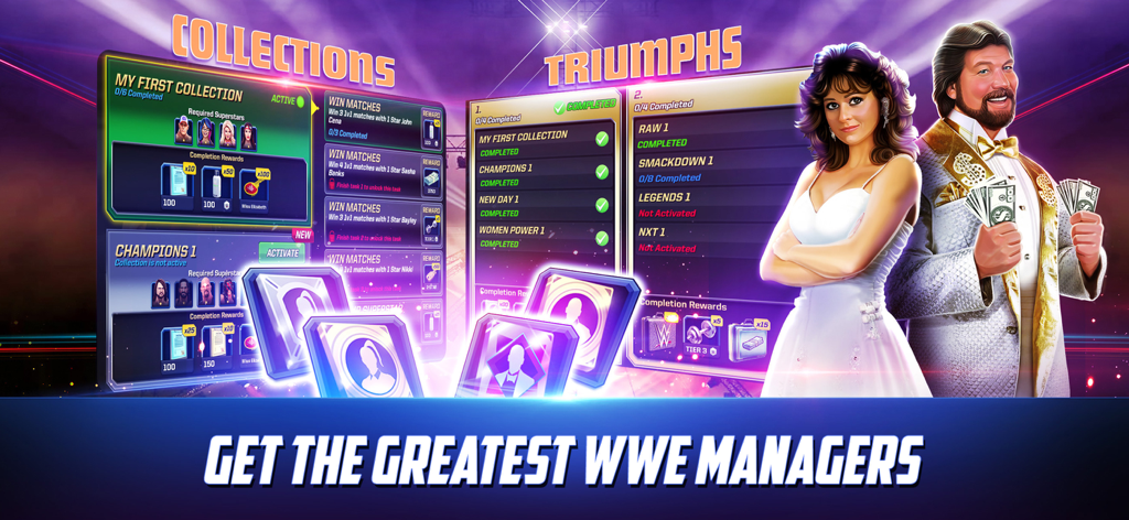 WWE Mayhem Spielbildschirm zeigt Sammlungen und Triumphe für legendäre WWE-Manager wie Miss Elizabeth und Million Dollar Man Ted DiBiase