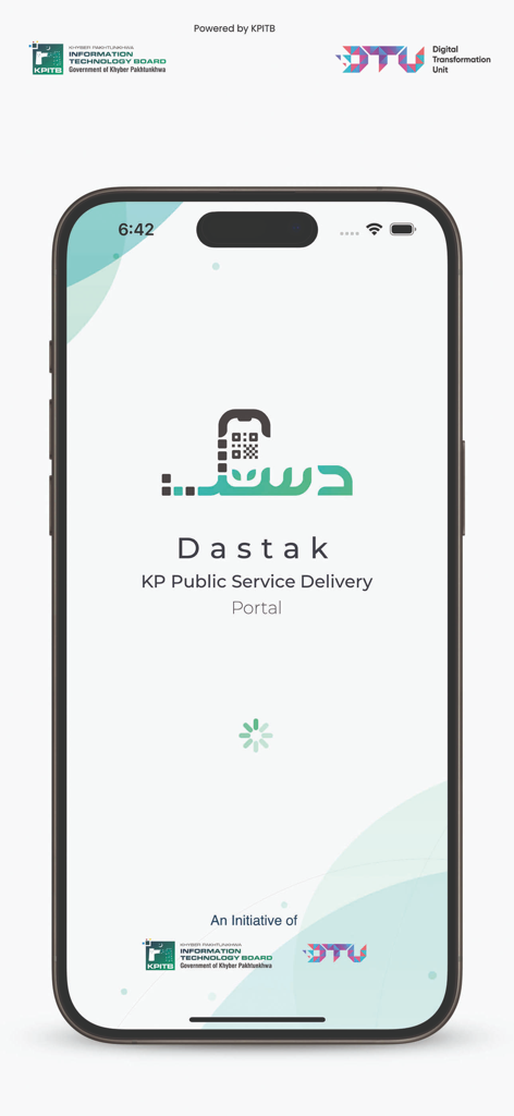 Dastak App - Splash screen of the Dastak app for KP Public Service Delivery Portal featuring the KPITB and DTU logos