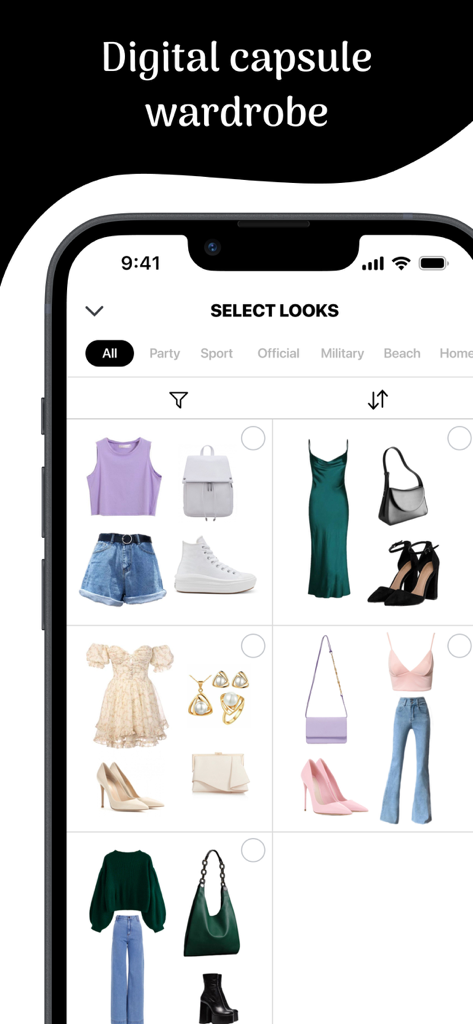 Mobile app screen showing a digital capsule wardrobe with multiple curated outfit look collages.