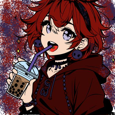 hot baddie anime girl drinking boba and biting the straw