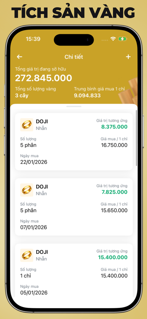 Sổ Vàng Tích Sản - Captura de pantalla de la aplicación financiera PAM que muestra una lista detallada de activos de oro y sus valores de mercado actuales en vietnamita