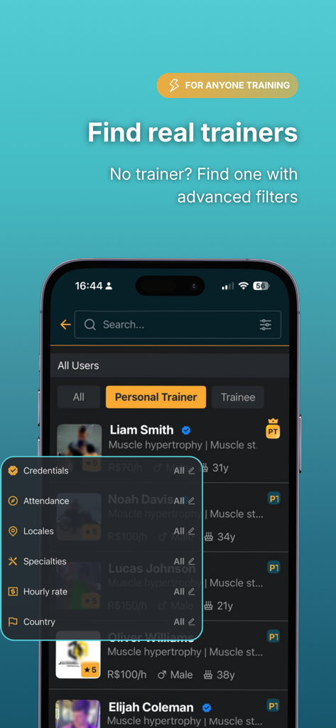 PersonalGO - Interface do aplicativo PersonalGO mostrando filtros de busca avançados para encontrar personal trainers