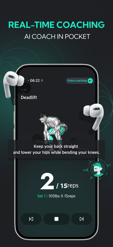 Planfit app interface displaying real-time AI coaching for deadlifts with form instructions and rep tracking