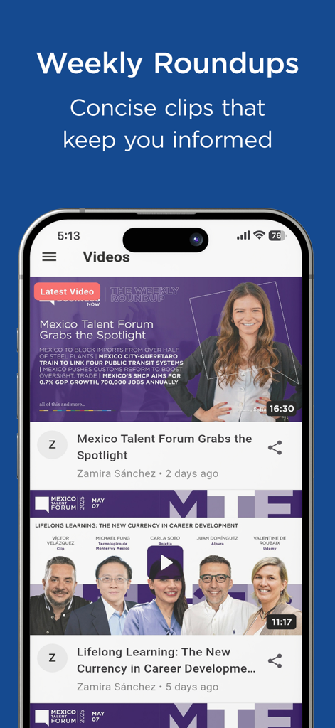 Mexico Business News - 업계 리더와의 주간 비디오 요약 및 인터뷰를 특징으로 하는 멕시코 비즈니스 뉴스 앱의 인터페이스