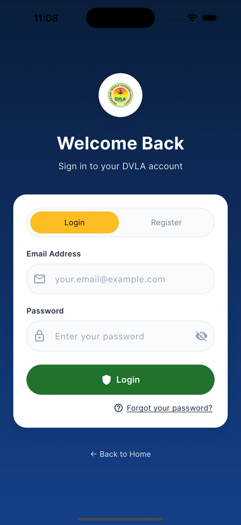 DVLA Ghana - Login screen of the DVLA Ghana app featuring email and password input fields and a secure login button.