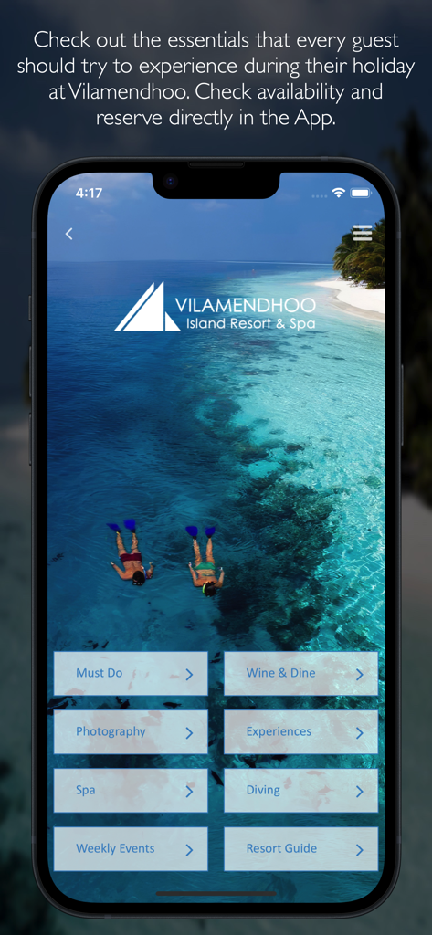 Vilamendhoo - Vilamendhoo resort app screen showing various guest activities and booking options over a snorkeling background