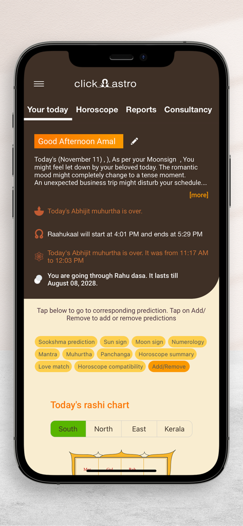 ClickAstro Kundali: Horoscopes - ClickAstro app screen showing daily Vedic horoscope predictions and rashi chart