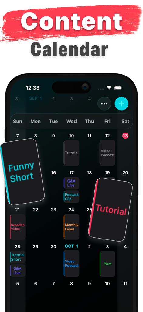 Creator View for YouTube - Creator View App Content-Kalender-Oberfläche, die geplante Videos, Shorts und Podcasts für einen YouTube-Kanal anzeigt