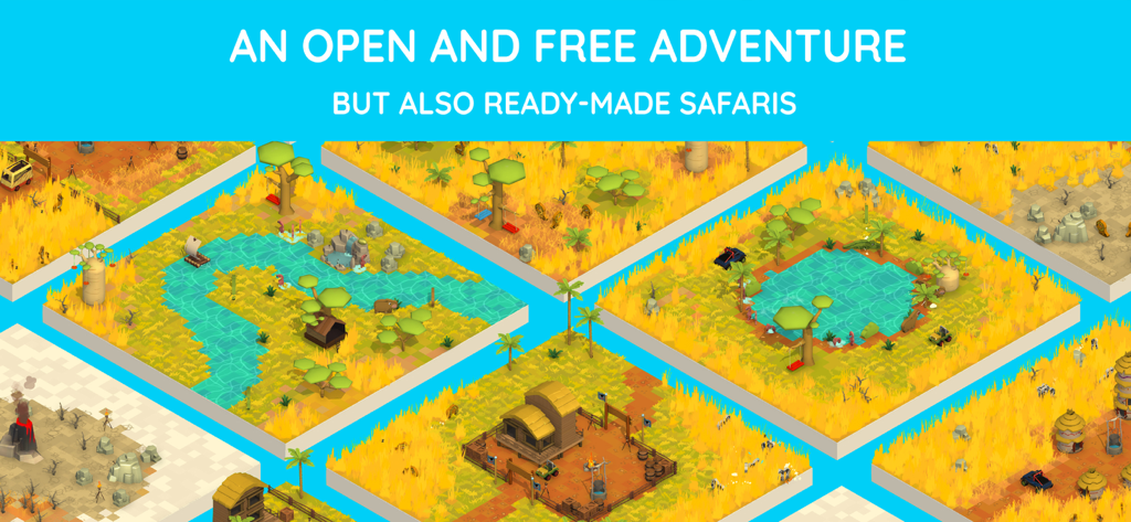 Pango safari builder for kids - Vista isométrica de varios paisajes de safari personalizables y prefabricados en Pango Safari Builder