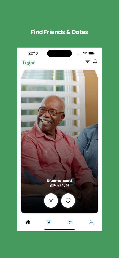 Tegar, an Ajolla App - Ein mobiler Screenshot der Tegar-App, der ein Benutzerprofil mit Optionen zum Finden von Freunden und Dates innerhalb der nigerianischen Gemeinschaft anzeigt.