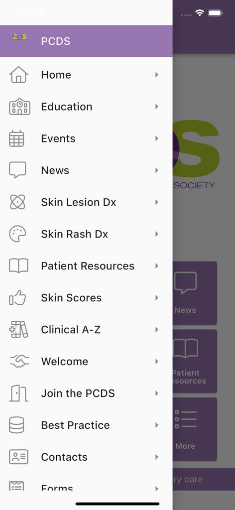 Main navigation menu of the PCDS app showing dermatology educational resources and clinical tools.