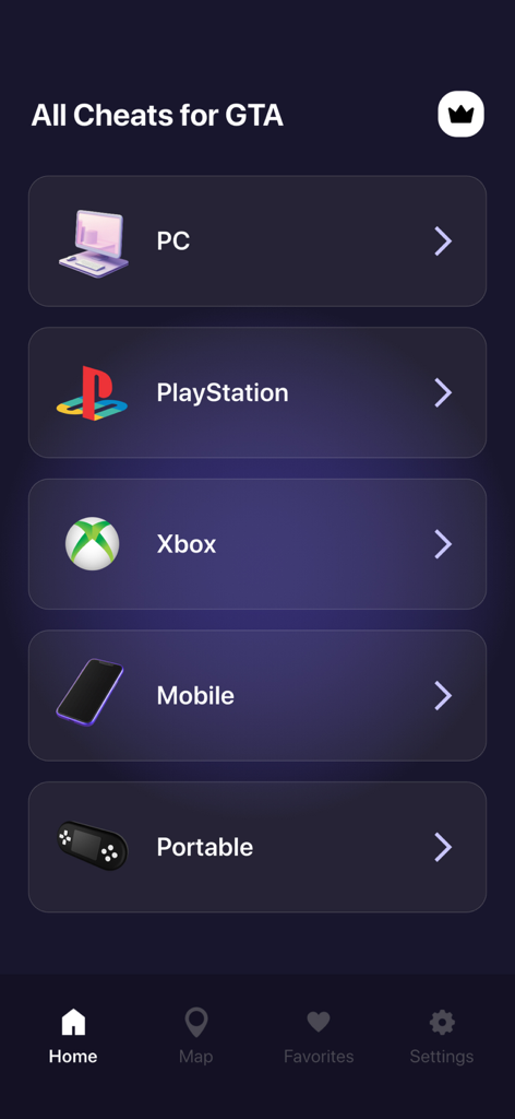 Plattformauswahlbildschirm für die App Alle Cheats für GTA mit PC, PlayStation, Xbox, Mobile und tragbaren Optionen