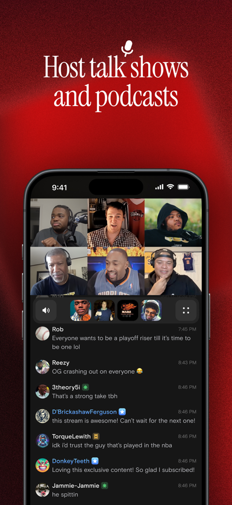 Playback: Stream Together - Une interface mobile de l'application Playback montrant plusieurs personnes dans un podcast vidéo en direct avec un chat utilisateur actif.