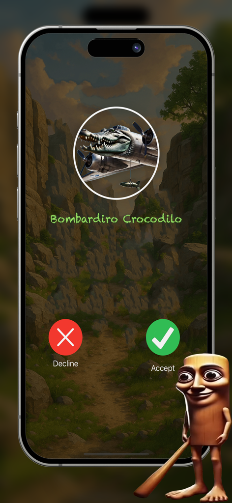 Italian Brainrot AI Prank - Prank call screen with Bombardiro Crocodilo meme character