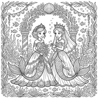 Discover the magic of an underwater royal wedding with this enchanting coloring page featuring two beautiful mermaid princesses. Adorn their regal gowns, sparkling crowns, and the romantic coral arch with your most vibrant colors.
