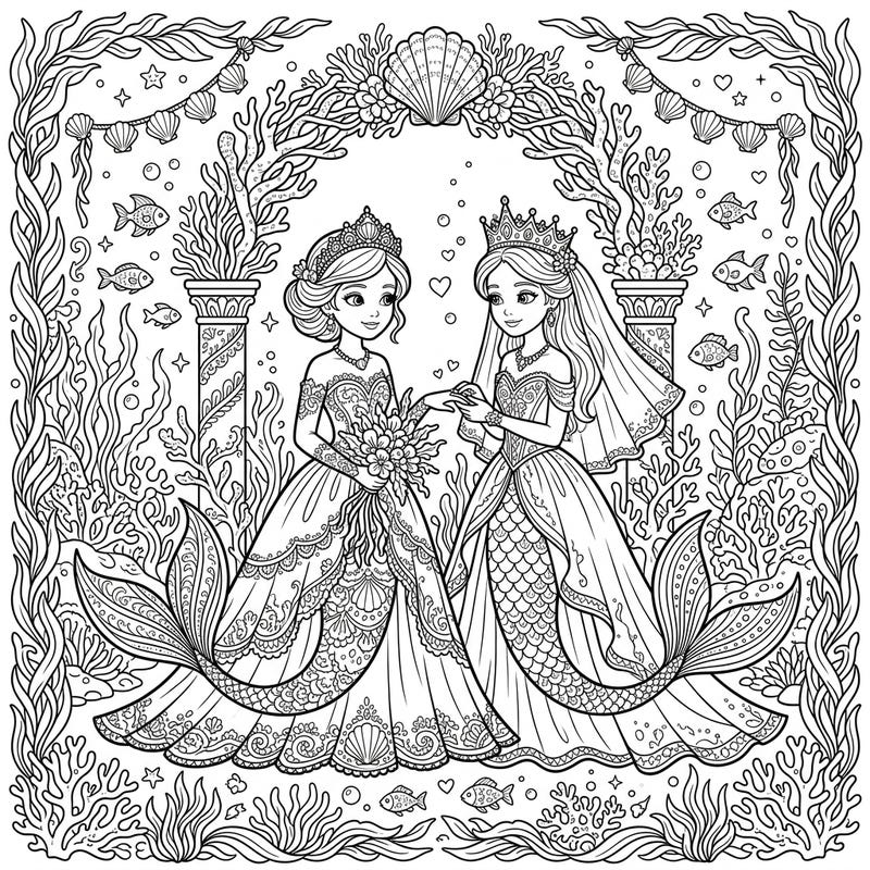 Discover the magic of an underwater royal wedding with this enchanting coloring page featuring two beautiful mermaid princesses. Adorn their regal gowns, sparkling crowns, and the romantic coral arch with your most vibrant colors.