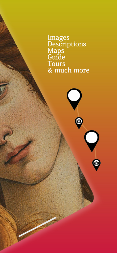Galleria Uffizi Audio - Galleria Uffizi Audio app promotional screen featuring a Renaissance painting close-up, a list of services like maps and tours, and navigation pin icons.