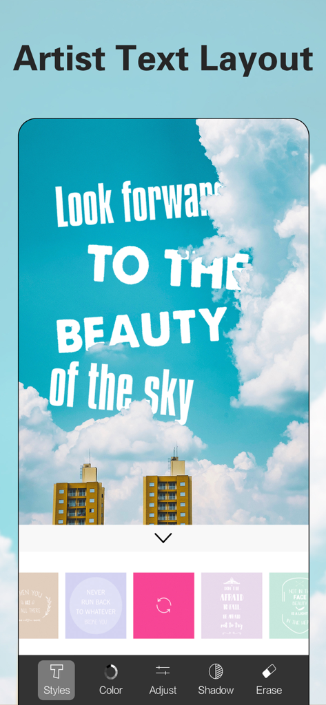 Picsee-Add text on photos - Picsee 앱 인터페이스에 하늘 사진에 창의적인 타이포그래피 스타일과 아티스트 텍스트 레이아웃이 표시된 모습