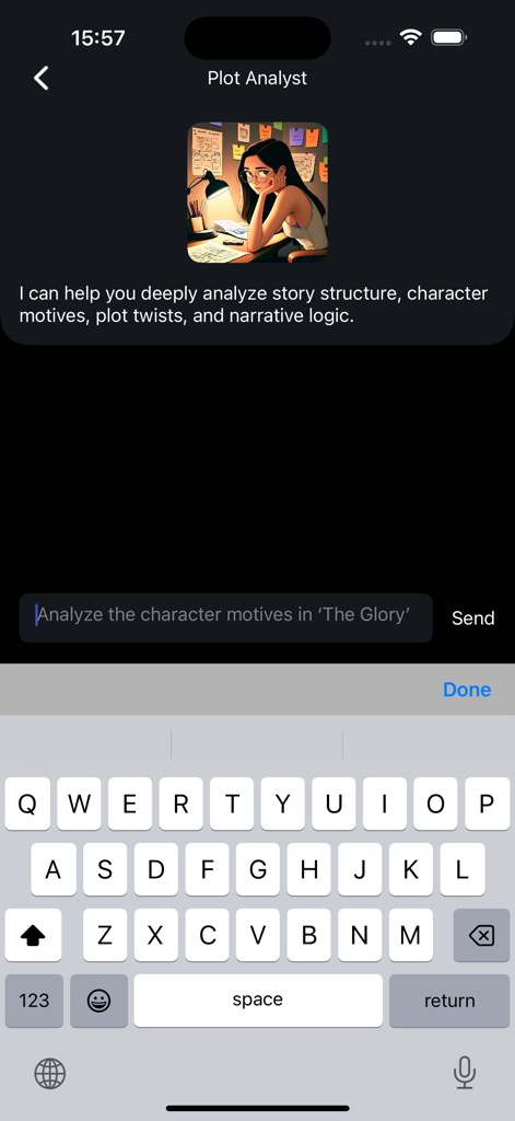 Interface of the Plot Analyst feature in Panda Movies app showing an AI assistant for movie story and character analysis