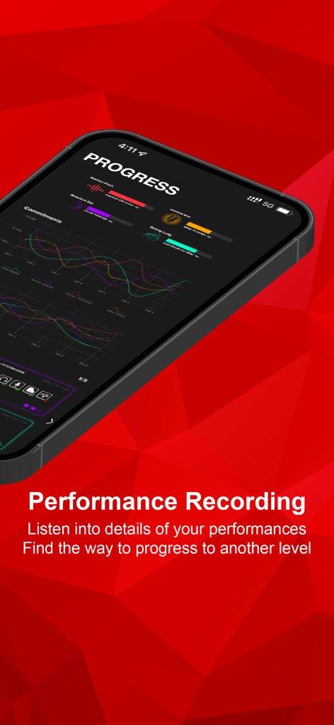 Tela de gravação de performance e acompanhamento de progresso do aplicativo Sing Sharp