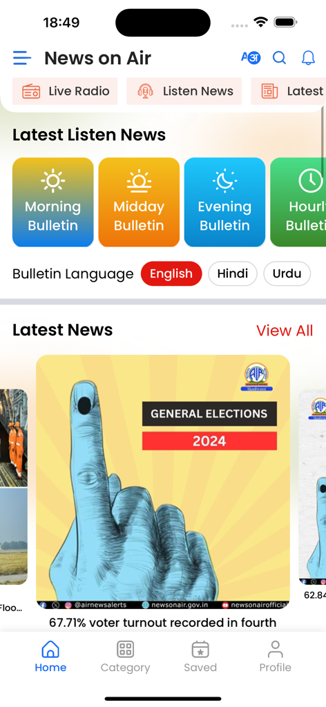Schermata principale dell'app NewsOnAir con bollettini di notizie e aggiornamenti elettorali indiani