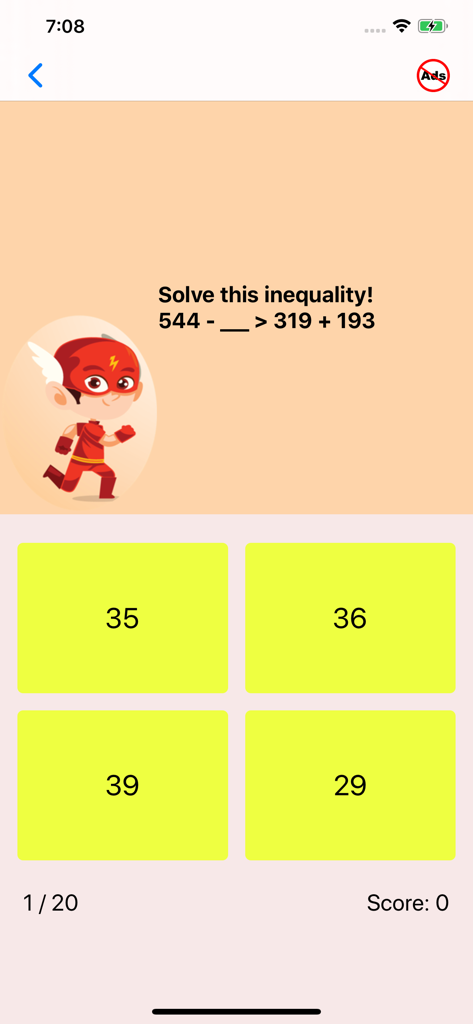 A math quiz screen for third graders showing an inequality problem with multiple choice answers and a superhero character.
