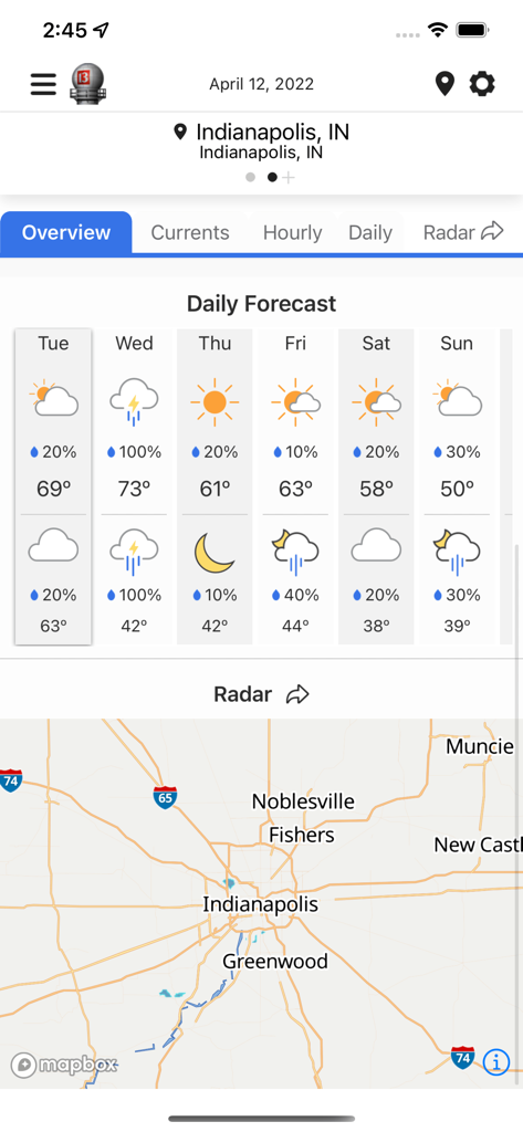 WTHR気象アプリのインターフェース、インディアナポリスの毎日の予報と地域レーダーが表示されています