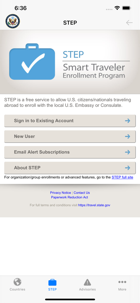 Smart Traveler - Smart Traveler app STEP enrollment screen for U.S. citizens traveling abroad