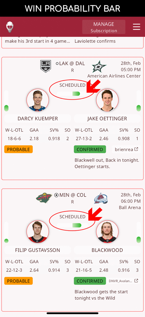 Dobber's Goalie Post - NHL starting goalie matchups showing stats and win probability bars in the Dobbers Goalie Post app