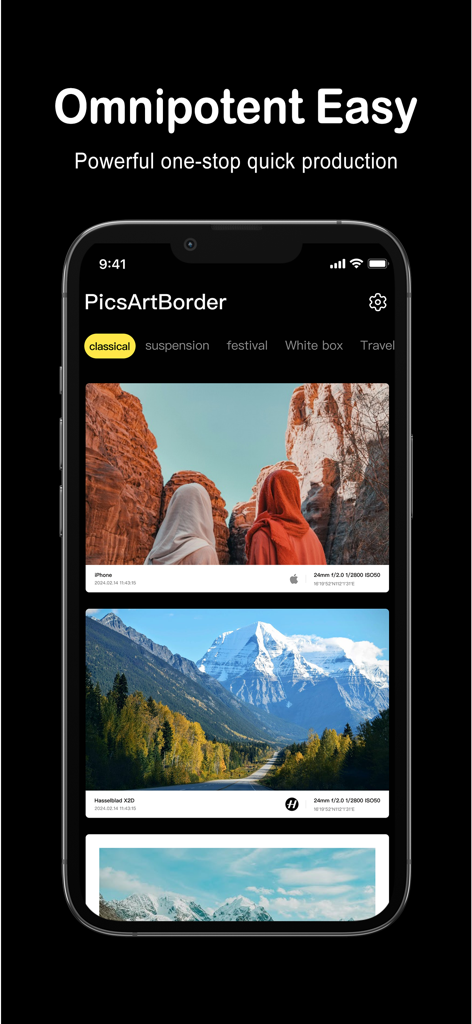 Mobile app interface showcasing professional photography frames and watermark templates with camera brand logos and technical data.