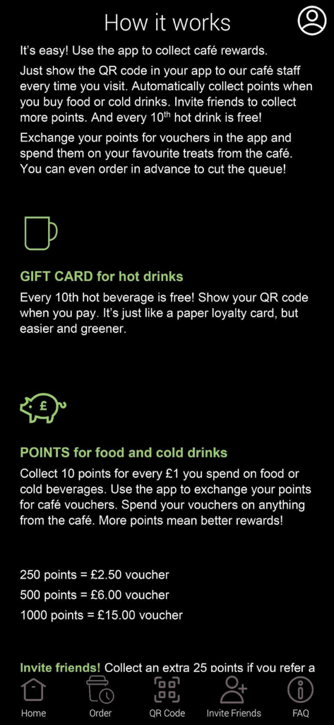 Kix Club - A screen from the Kix Club app explaining the loyalty program including free coffee after 10 purchases and earning points for food and drinks.