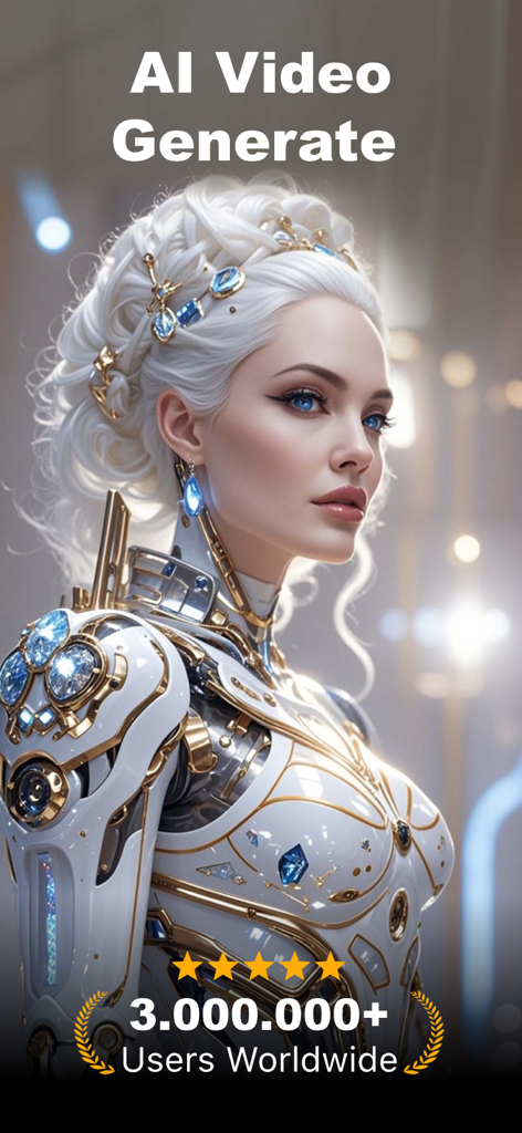 Vidmor-AI Video Generator - Mujer futurista generada por IA en armadura blanca y dorada para la pantalla de introducción de la aplicación Vidmor