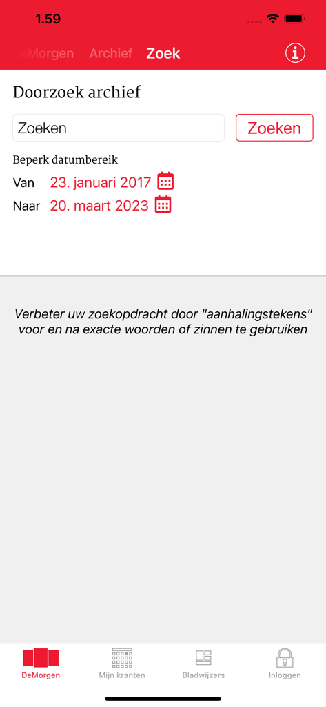 De Morgen Print Editie - De Morgen newspaper app archive search screen with date range selection and search field