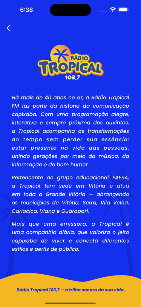 Tropical Vix - About screen of the Tropical Vix app featuring the station logo and history