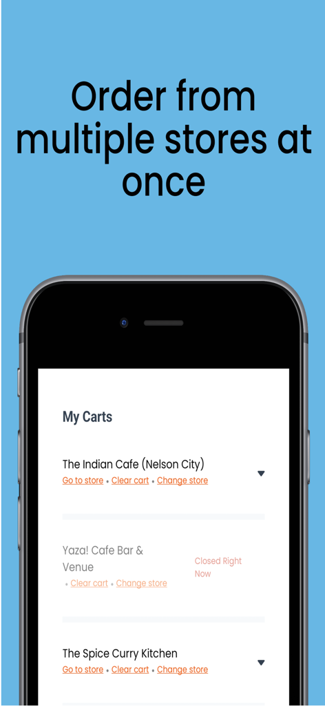 YUMMi food delivery app screenshot showing multiple carts for ordering from different local restaurants at once