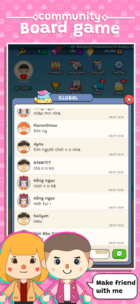 DuuDuu Village - DuuDuu Village app screen showing a global chat interface with various avatars and a social community board game atmosphere