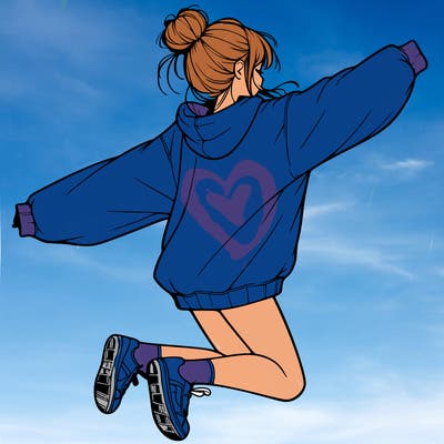 realistic girl jumping with a bun and oversized sweatshirt