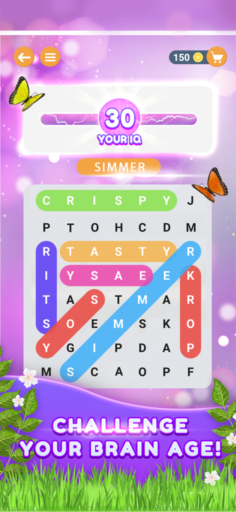 A colorful word search puzzle interface showing highlighted words and a brain IQ score tracker.