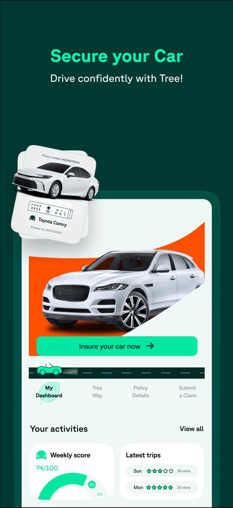 Tree Insurance - Tree Insurance mobile app dashboard displaying car policy information and driving activity scores