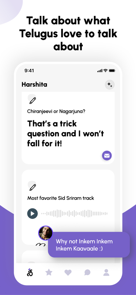 A screenshot of the Neetho app showing a user profile with conversation starters about Telugu cinema and music.