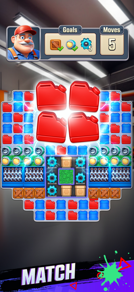 Royal Car Customs - Gameplay of Royal Car Customs showing a car-themed match-3 puzzle board with gas cans and gears